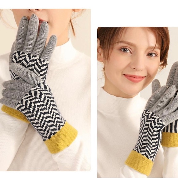 Houndstooth Herringbone Pattern Color Block Gloves Yellow Gray Warm Soft Stripes - Picture 3 of 12